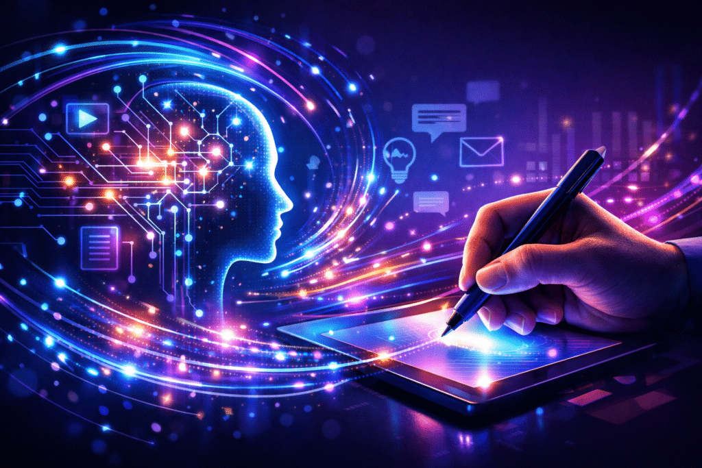 Abstract digital neural network swirling around a hand writing on a digital tablet